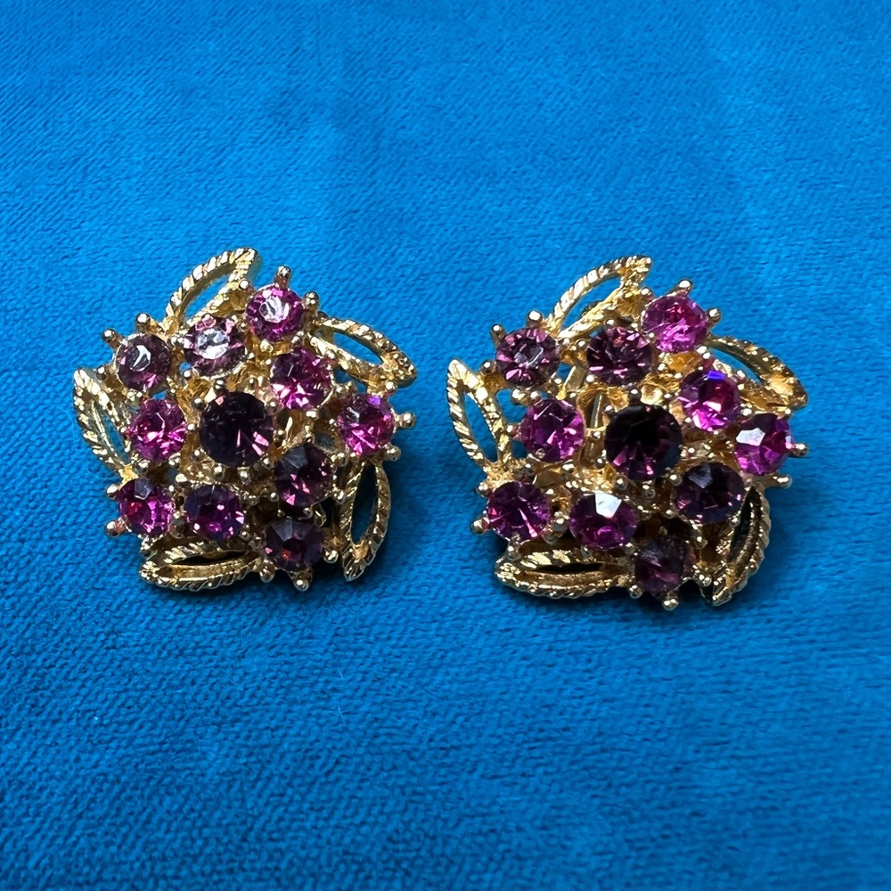 Vintage Gold, Purple and Pink Rhinestone Clip-on Earrings